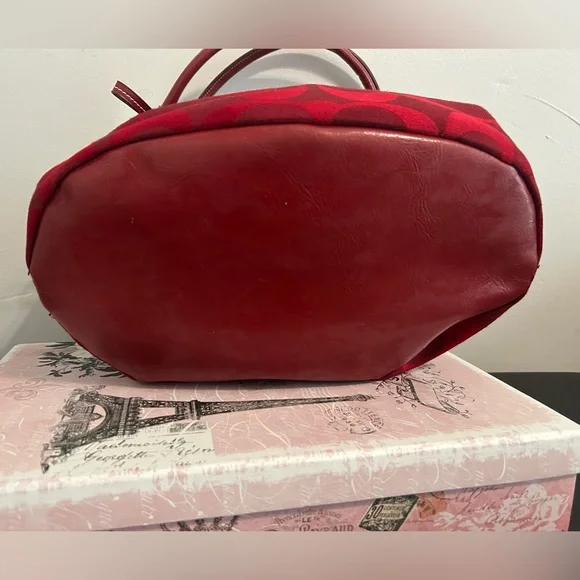 Coach Red Signature Tote with Buckle-Trim Handles - Picture 6 of 10
